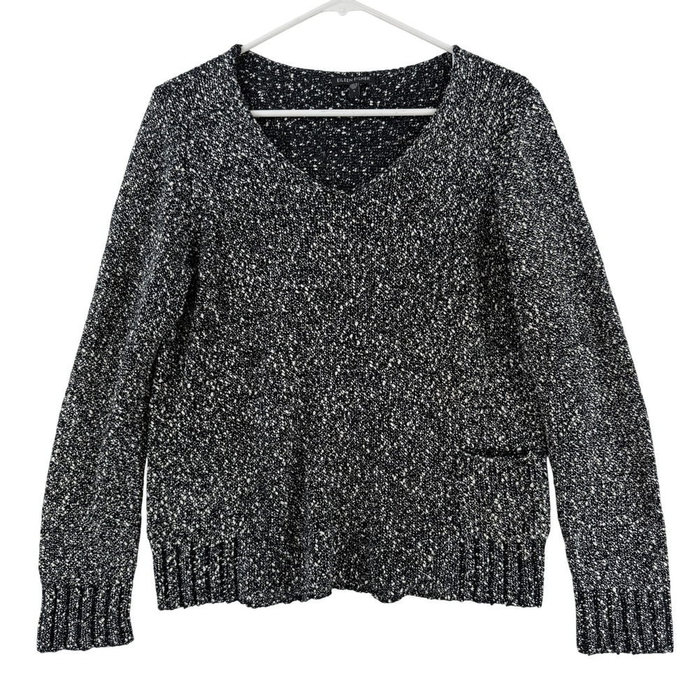 Eileen Fisher Sweater Womens Small Black White‎ 100% Cotton V Neck Pocket